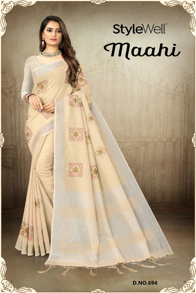 Style Well Maahi  New Exclusive Embroidery on Linen Patta Sarees Collection